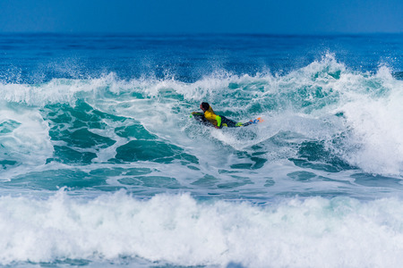 VIANA DO CASTELO, PORTUGAL - SEPTEMBER 22, 2016: Alex Uranga (EUS) during  the Viana World Bodyboard Championship 2016.のeditorial素材
