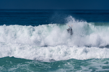 VIANA DO CASTELO, PORTUGAL - SEPTEMBER 22, 2016: Goncalo Pinheiro (POR) during  the Viana World Bodyboard Championship 2016.のeditorial素材