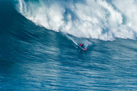 NAZARE, PORTUGAL - DECEMBER 20, 2016: Billy Kemper (HAW) during the Nazare Challenge 2016 - Big Wave Tour #3 at Praia do Norte - Nazare, Portugal.のeditorial素材
