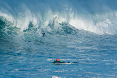 NAZARE, PORTUGAL - DECEMBER 20, 2016: Trevor Carlson (HAW) during the Nazare Challenge 2016 - Big Wave Tour #3 at Praia do Norte - Nazare, Portugal.のeditorial素材