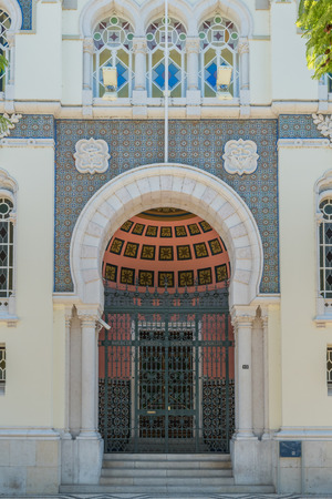 FARO, PORTUGAL - OCTOBER 01, 2016: Banco de Portugal Building in the city of Faro, Algarve, Portugal. Neo-Manueline Revivalist Architecture, with Islamized suggestions at the front door.のeditorial素材