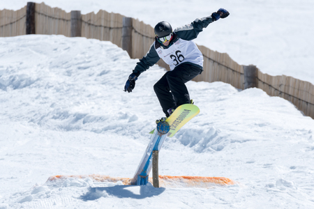COVILHA, PORTUGAL - APRIL 2, 2017:  Pedro Sezulfe during the National Snowboard  Championships at Serra da Estrela, Covilha, Portugal.のeditorial素材