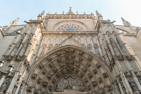 Doorway of Seville cathedral Andalusia Spain view from below.の写真素材