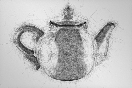 Ball pen scribble illustration of grey teapot isolated on white background.の写真素材
