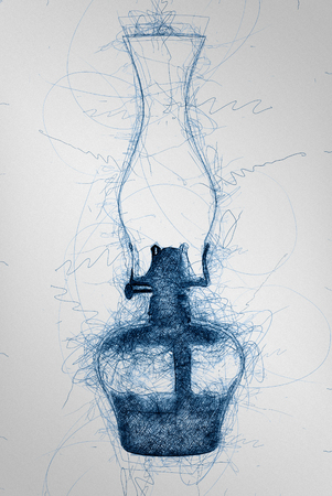 Ball pen scribble illustration of old oil lamp on top of a table.の写真素材