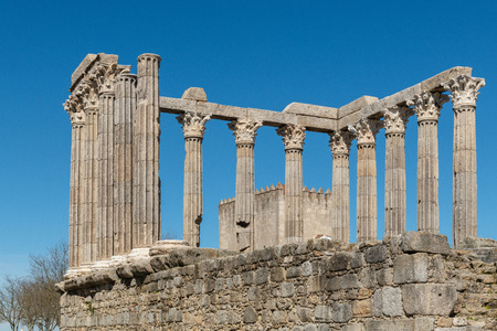 Architectural detail of the Roman temple of Evora in Portugal or Temple of Diana. It is a UNESCO...