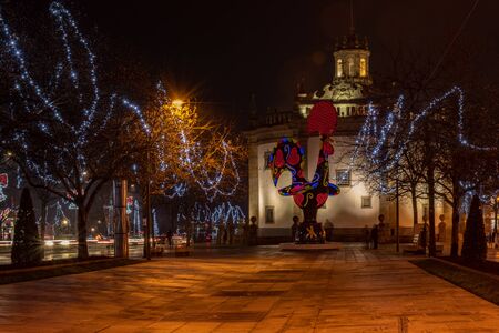BARCELOS, PORTUGAL - CIRCA JAUARY 2019: View at the Pop Galo at night, public art inspired in the Barcelos cock, cosidered one of the most important symbols of Portuguese popular culture.のeditorial素材