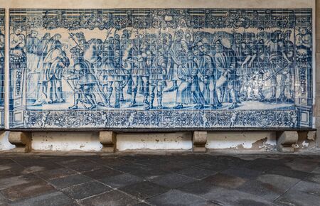 VISEU, PORTUGAL - CIRCA FEBRUARY 2019: Ceramic tiles at the Cathedral and Cloister building in Viseu. The origins of the city of Viseu date back to the Celtic period.のeditorial素材