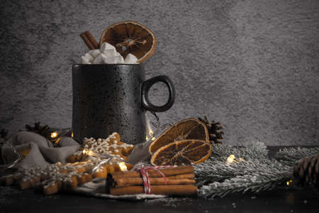Baked Christmas cookies on rustic dark background.の写真素材