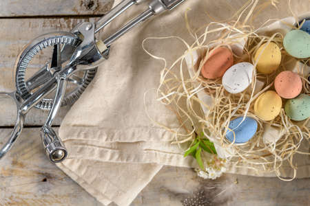 Traditional Easter eggs on easter table. Colorful painted eggs.