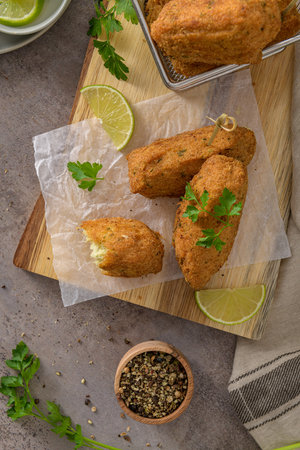 Cod dumplings, or "bolinhos de bacalhau" and parsley leaves and lemons on wooden cutting board in a kitchen counter top.の写真素材