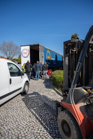 OVAR, PORTUGAL - 7 MARCH 2022: Truck loading with humanitarian support to Ukraine. Initiative by a...