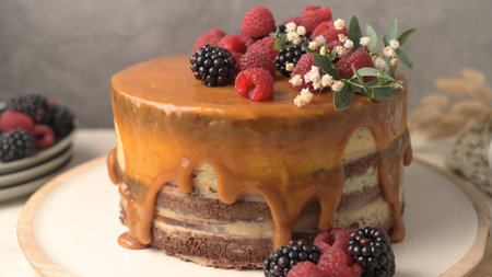 Delicious caramel cake with blackberries and raspberries.