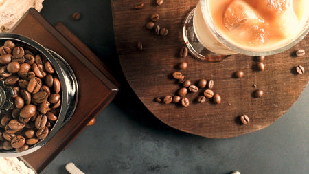 Iced coffee in glass jars on the table.の写真素材