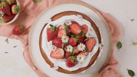 Strawberry cake, strawberry sponge cake with fresh strawberries and sour cream on a kitchen...