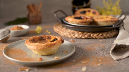 Egg tarts, traditional Portuguese dessert, pastel de nata on a plate.の写真素材