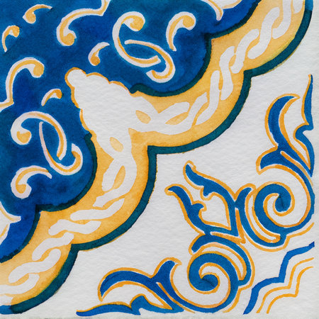 Watercolor illustration of Portuguese ceramic tiles pattern. Single square tile.
