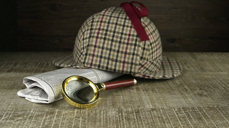 Coffee cup, paper sheets and detective hat on old wooden table.の写真素材