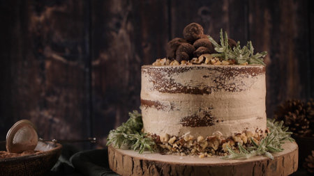 Delicious naked coffee and hazelnuts cake on table rustic wood kitchen countertop.の写真素材