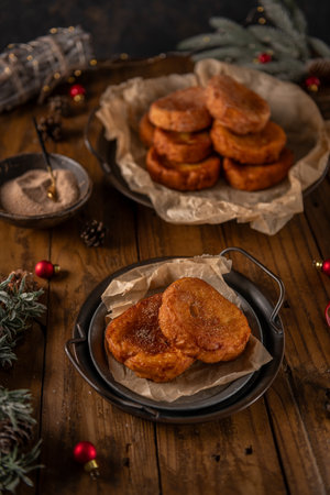 Traditional Portuguese Christmas Rabanadas. Spanish Torrijas on kitchen countertop.の写真素材