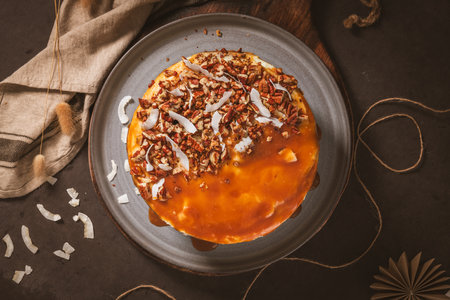 Delicious caramel cake with small pieces of pecan nuts and coconut shavings.の写真素材