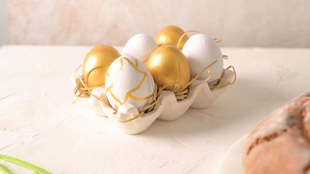 Traditional Easter eggs on easter table. Colorful painted eggs.