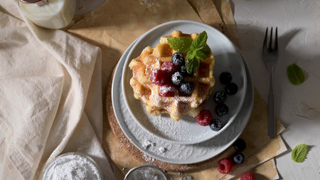 Sweet Homemade Berry Belgian Waffle with Whipped Cream.の写真素材