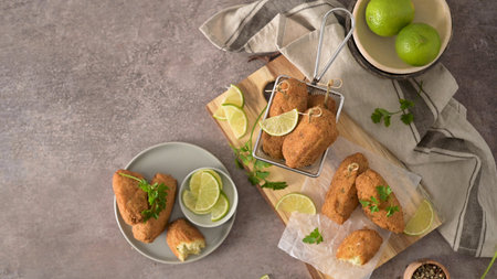 Cod dumplings, or bolinhos de bacalhau and parsley leaves and lemons on wooden cutting board in a...
