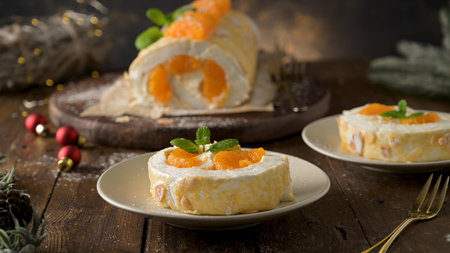 Meringue roll cake with cream and tangerine. Roulade, summer dessert served in ceramic plate.