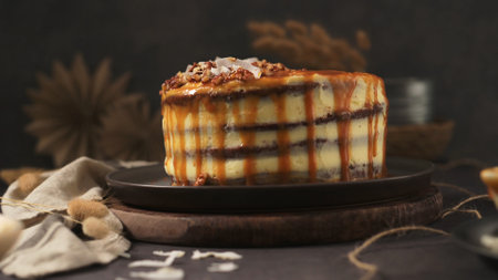 Delicious caramel cake with small pieces of pecan nuts and coconut shavings.