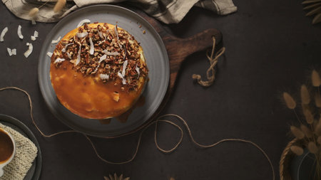 Delicious caramel cake with small pieces of pecan nuts and coconut shavings.の写真素材