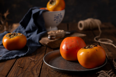 Persimmons on wooden table with blue cloth, ceramic bowl, and twine. Moody lighting creates a cozy autumn atmosphere in this rustic scene.の写真素材