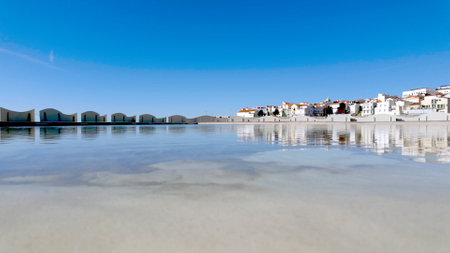 A picturesque coastal town with whitewashed buildings reflects on the calm waters of a lagoon, under a vibrant blue sky.の写真素材