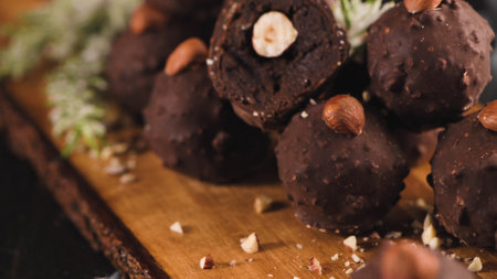 Dark chocolate truffles with hazelnuts over wooden cutting board.