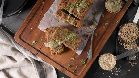 Christmas lentils loaf on dark kitchen countertop.の写真素材