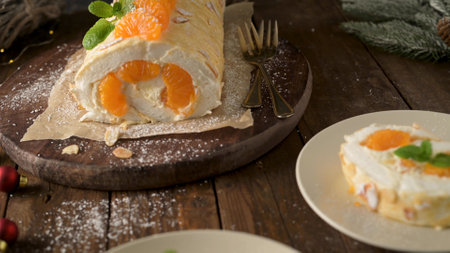 Orange cream roll cake on a wooden board, garnished with mint leaves and powdered sugar, with a...