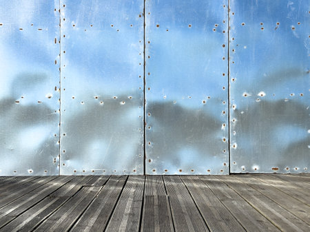 A weathered metal facade reflects a bright sky, contrasting with a rustic wooden deck. This image captures the interplay of textures and materials, creating a sense of depth and perspective.の写真素材