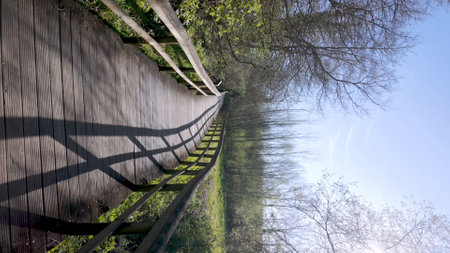Curving wooden walkway extends through Parque das Ribeiras, casting long shadows under a bright sky,...