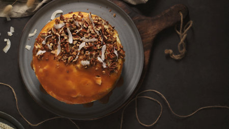 Delicious caramel cake with small pieces of pecan nuts and coconut shavings.