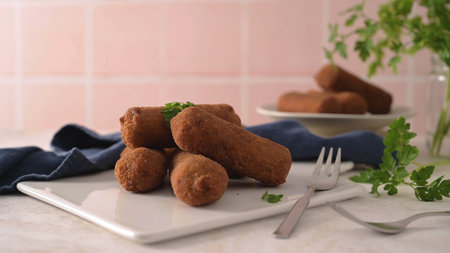 Meat croquets and parsley leaves on white ceramic dishes in a kitchen counter top.