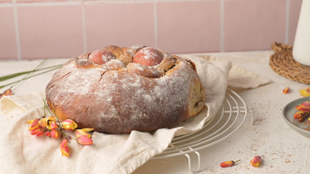A rustic loaf of homemade Folar de Pascoa dusted with flour and topped with dyed red eggs. The scene...