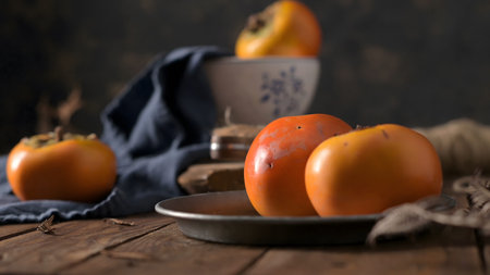 Fresh orange persimmons are artfully arranged on a dark wooden surface with a vintage plate and blue linen. The moody, low-key lighting highlights the smooth textures and seasonal autumn atmosphere.の写真素材