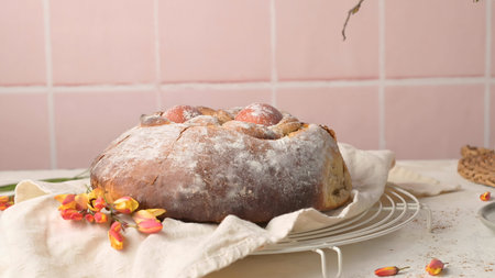 A rustic loaf of Folar de PÃ¡scoa sits on a linen cloth and wire rack against a soft pink tiled...