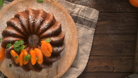 A high-angle shot of a moist chocolate bundt cake dusted with powdered sugar, garnished with fresh...
