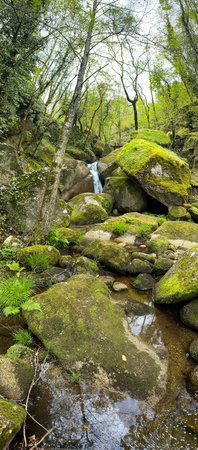 A vertical shot of a serene waterfall cascading over large moss covered boulders in Braga. The...