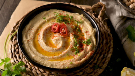 Bowl of hummus with paprika, parsley and olive oil