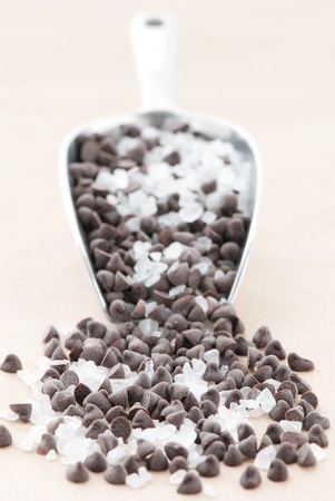 Close up chocolate flakes with salt in a spoonの写真素材