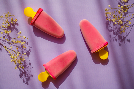 3 Frozen natural purple ice cream and field flowers on colorful violet background with shadows. Sweet summer.の写真素材