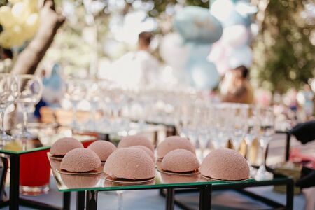 Wedding catering food. Mini canapes food. Tasty dessert. Beautiful decorat catering banquet table....