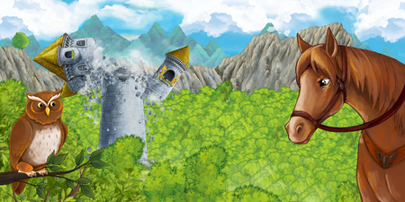 Cartoon scene of collapsing medieval tower with horse standing and looking - illustration for childrenの写真素材